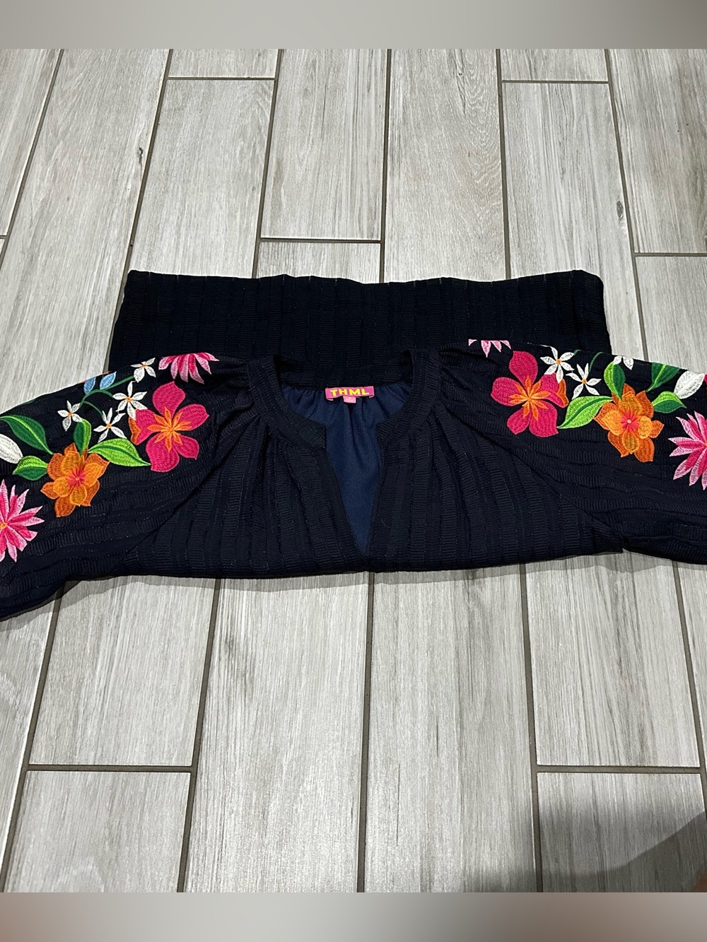 THML Navy Peasant Top with Bright Floral Embroidered Sleeves - Picture 4 of 10